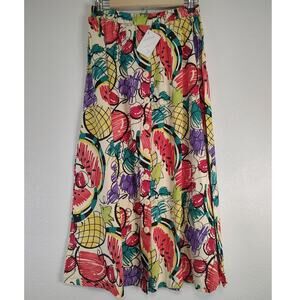L'eau Vive Vintage Fruit Print Multi-Colored A-Line Pull On Skirt Size Medium